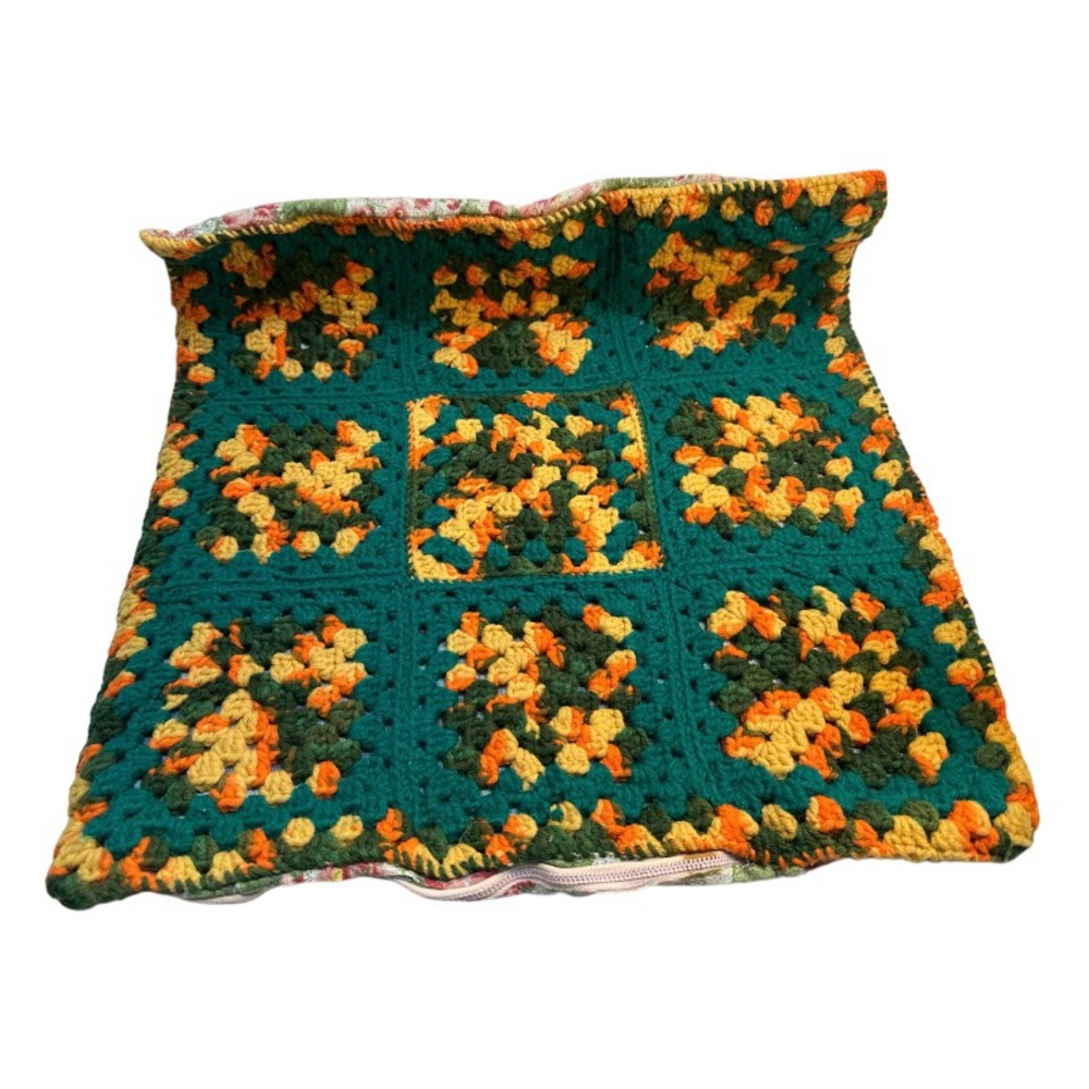 Handmade Lined Crochet Granny Square Pillow Top Vintage 18” Zipper Grandma Boho